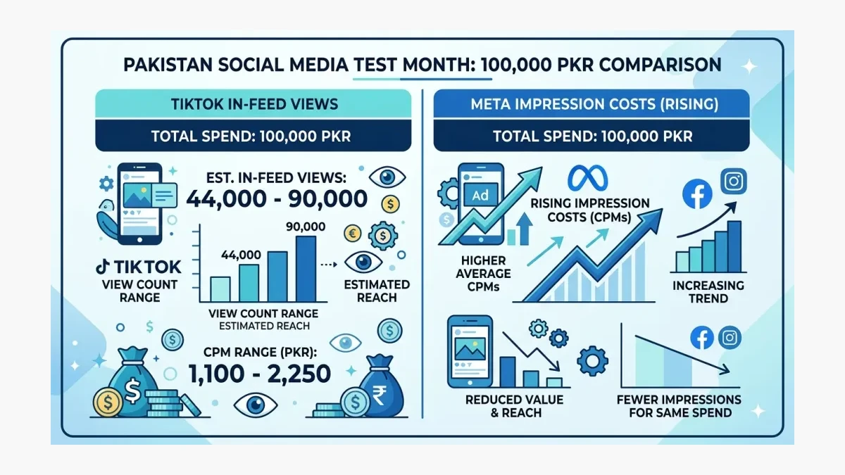 Infographic: What a PKR 100,000 TikTok test month buys in Pakistan — 44,000 to 90,000 in-feed views at PKR 1,100-2,250 CPM