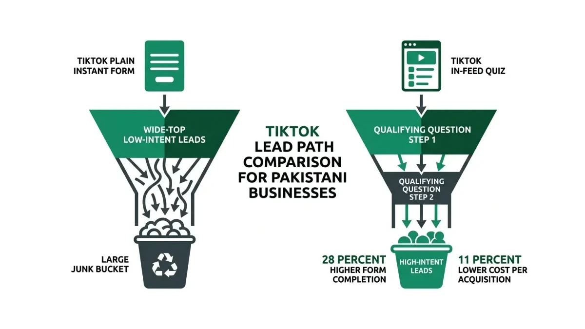 Infographic: a TikTok lead funnel comparing a plain instant form against an in-feed quiz, showing the quiz path producing a 28 percent higher form submission rate and an 11 percent lower cost per acquisition, with pre-qualification questions filtering out low-intent responders.