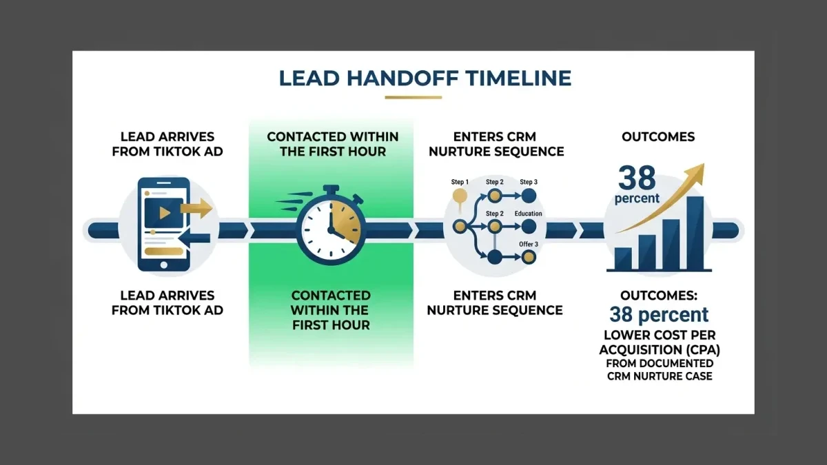 Infographic: a lead handoff timeline showing a TikTok lead arriving, being contacted within the first hour when qualification likelihood is highest, entering a CRM nurture sequence, and producing a 38 percent lower cost per acquisition as documented in the Toyota Germany case.