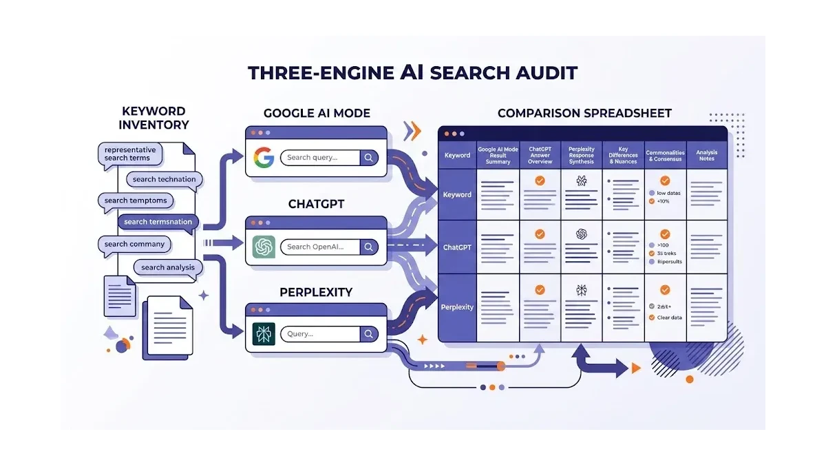 Infographic: Three-engine AI search audit process showing the flow from keyword inventory through Google AI Mode, ChatGPT, and Perplexity search to results comparison