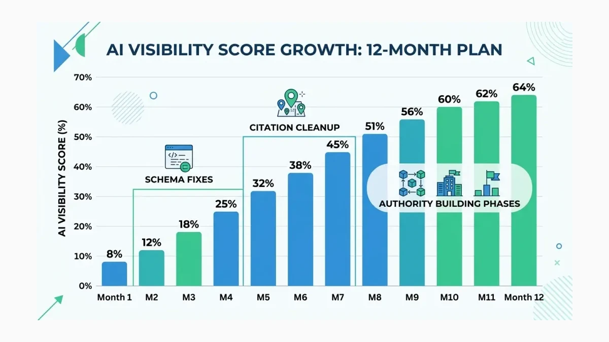 Infographic: Monthly AI Visibility Score calculation showing the formula, example data with 40 queries and 8 mentions producing a 20% score, and a growth timeline chart