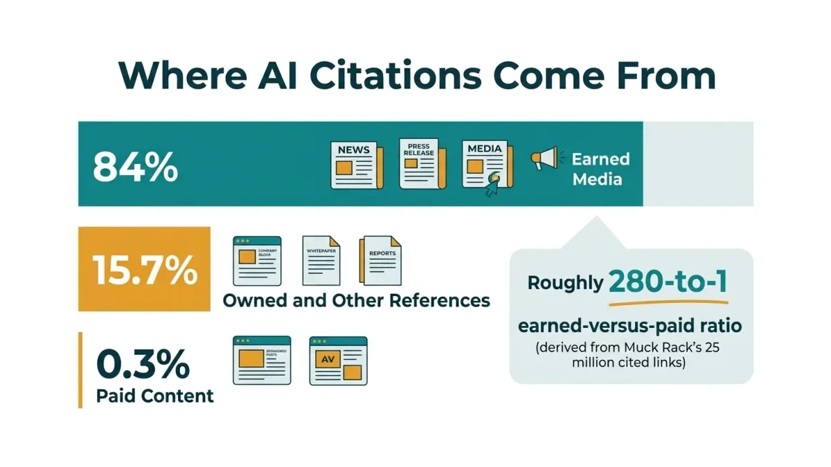 Infographic: Where AI citations come from, showing earned media at 84 percent versus paid content at 0.3 percent