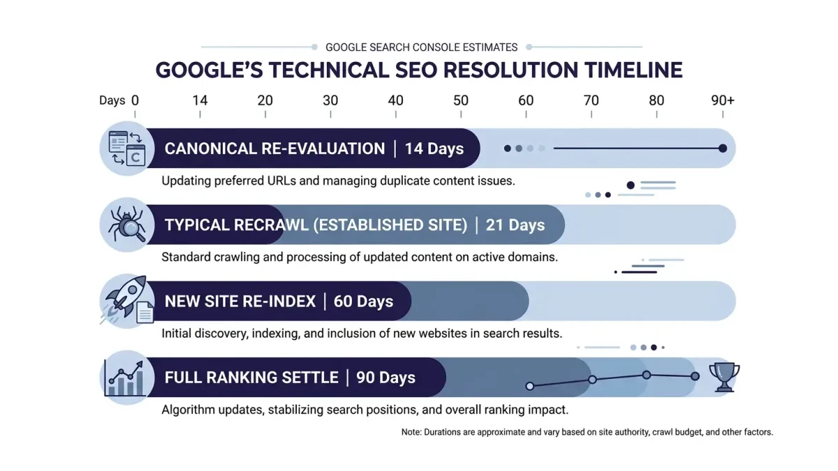 Infographic: Infographic showing Google's technical SEO resolution timeline as labeled horizontal bars: Canonical re-evaluation 14 da