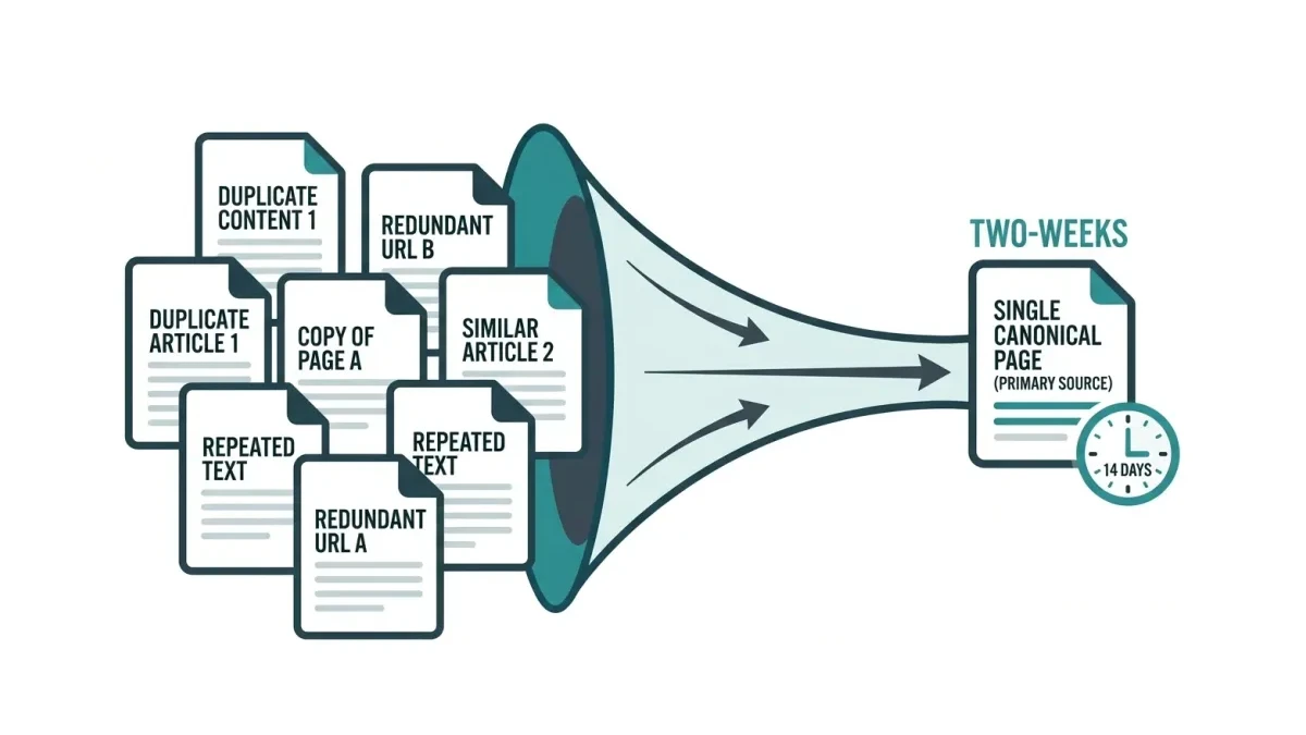 Infographic: Infographic diagram of a duplicate content cluster resolving into one canonical page: several overlapping duplicate page