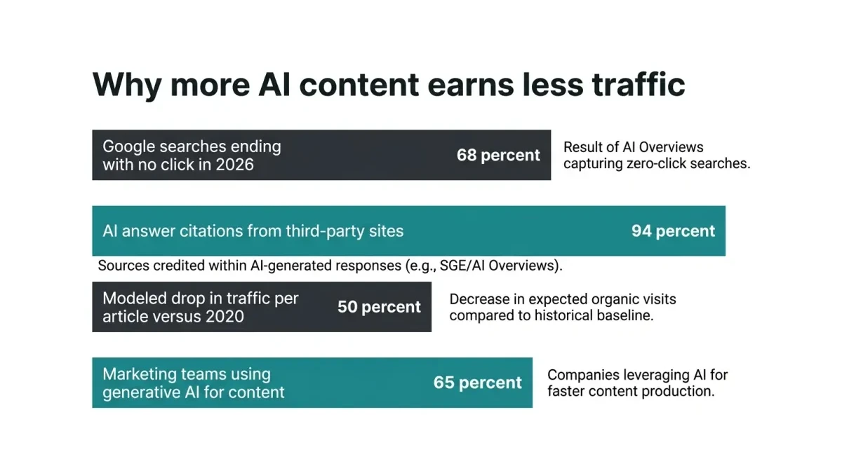 Infographic: Infographic titled Why more AI content earns less traffic, a horizontal bar chart with four bars: Google searches ending