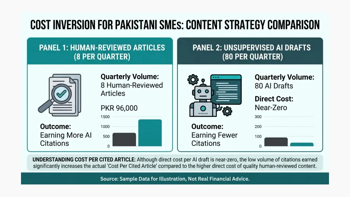 Infographic: Infographic showing the cost inversion for Pakistani SMEs as a two-panel comparison: panel one eight human-reviewed arti