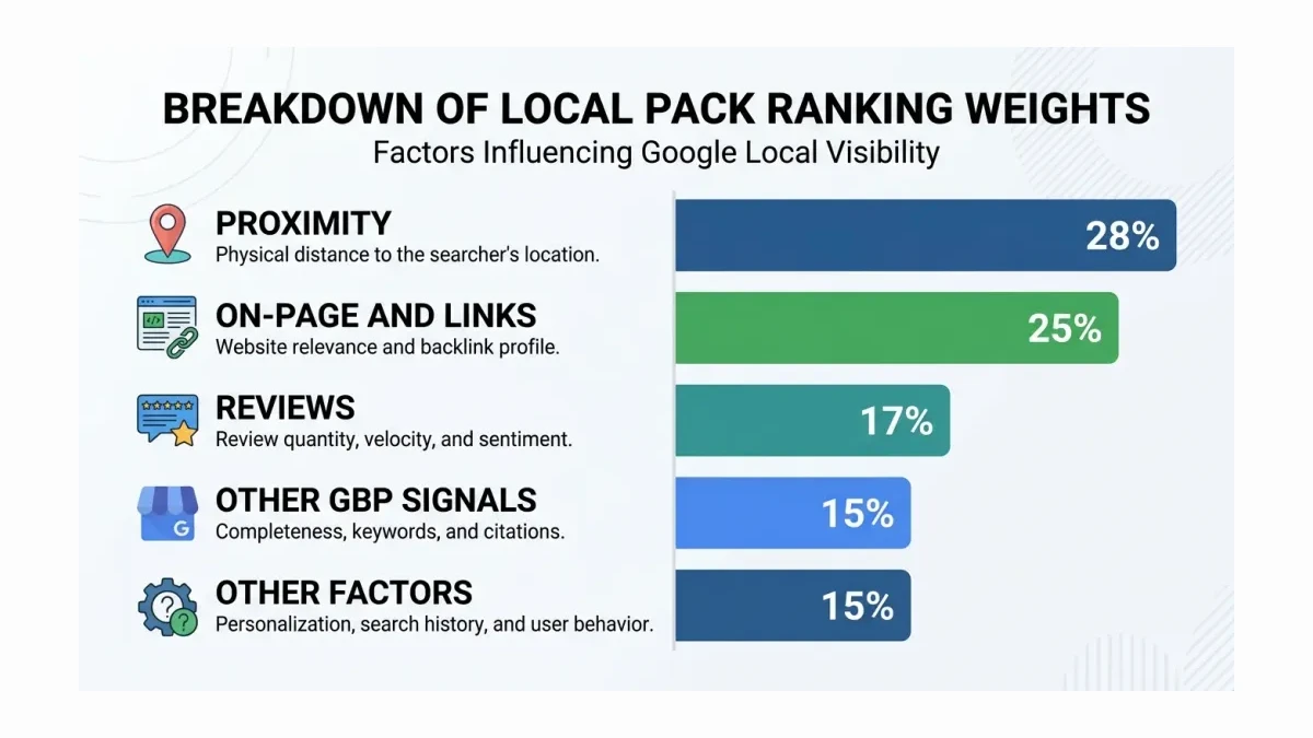 Infographic: Local pack ranking weight breakdown showing reviews at 17%, other GBP signals at 15%, proximity at 28%, on-page and links at 25%, and other factors at 15%.