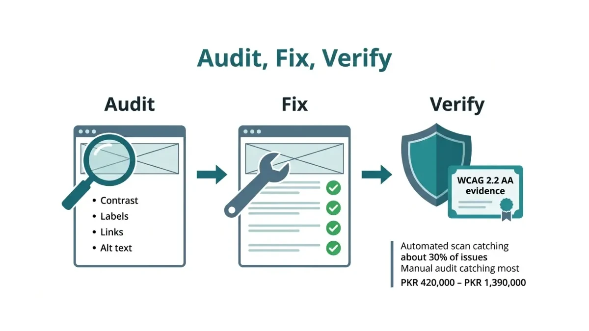 Infographic: Three-phase process path infographic titled Audit, Fix, Verify: phase one magnifying glass over a website wireframe list