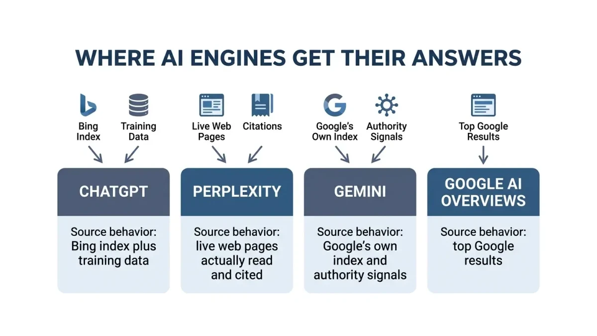 Infographic: Where ChatGPT, Perplexity, Gemini and Google AI Overviews each pull answers from, from Bing's index to live citations.