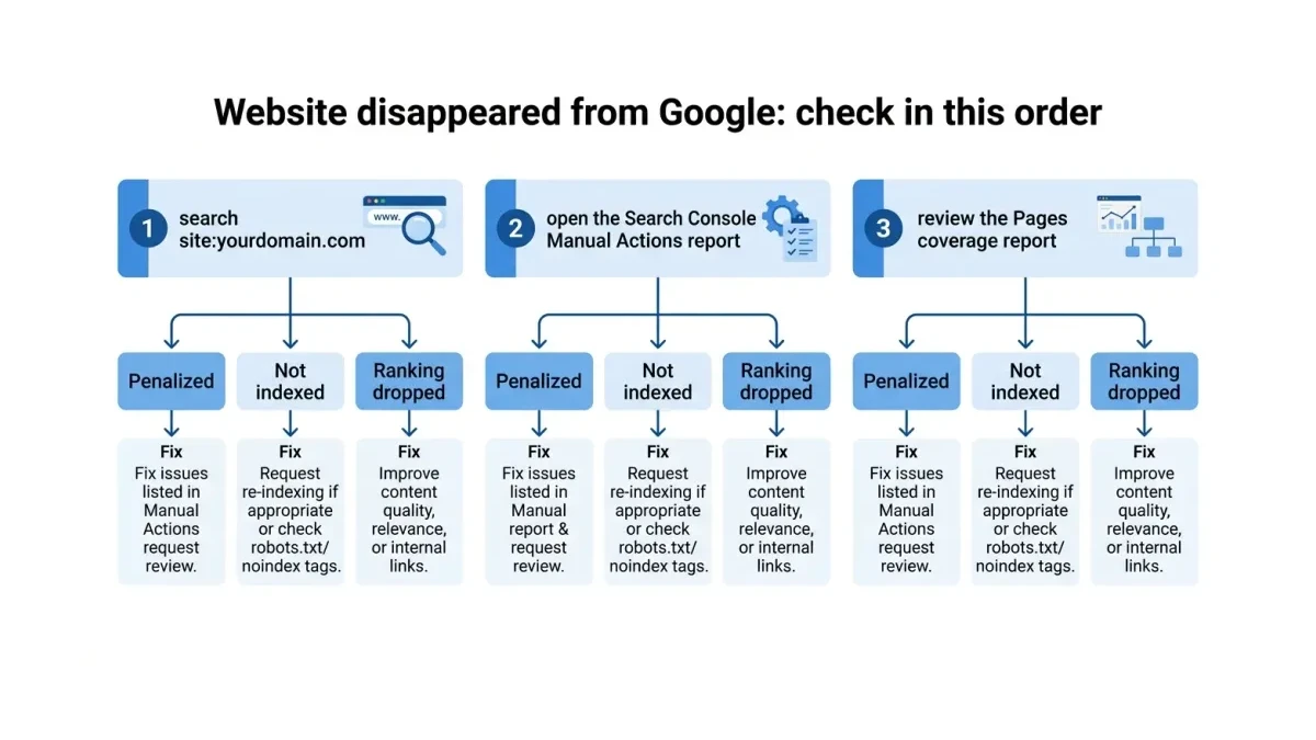 Infographic: Three-step diagnosis flow for a Pakistani website that disappeared from Google search results
