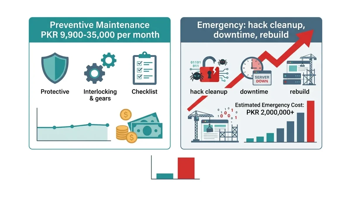 Infographic: Monthly preventive maintenance in PKR compared with the cost of emergency hack cleanup and downtime.