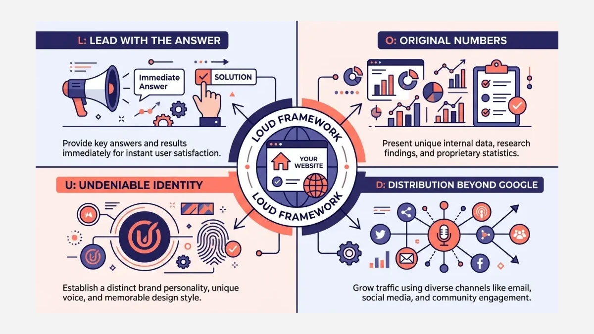 Infographic: The four-part LOUD framework diagram showing Lead with the answer, Original numbers, Undeniable identity, and Distribution beyond Google around a central website icon.