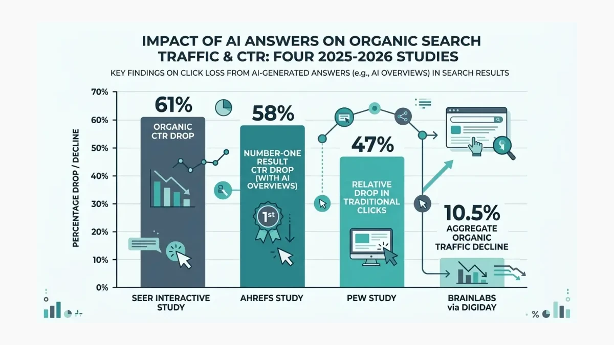 Infographic: Bar chart of four studies showing clicks falling when AI answers appear, 61 percent Seer, 58 percent Ahrefs, 47 percent Pew, and 10.5 percent aggregate Brainlabs decline.