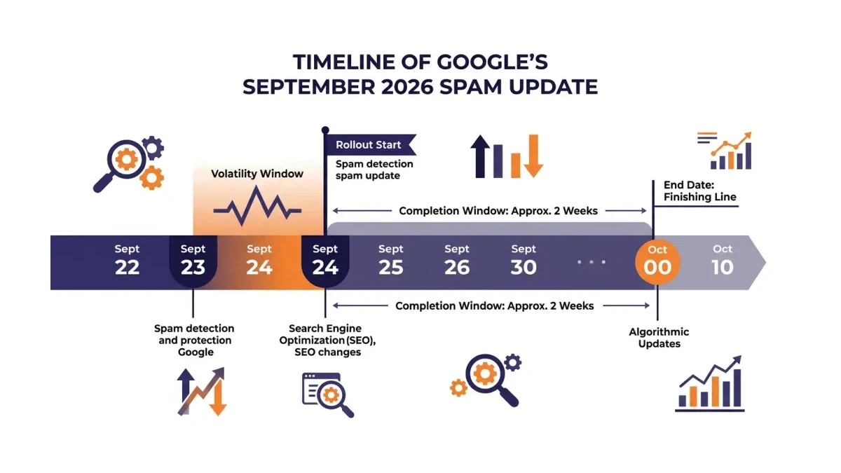 Infographic: timeline of Google's September 2026 spam update showing the September 24 rollout start, the two-week completion window into early October, and the September 23-24 volatility window reported by tracking tools