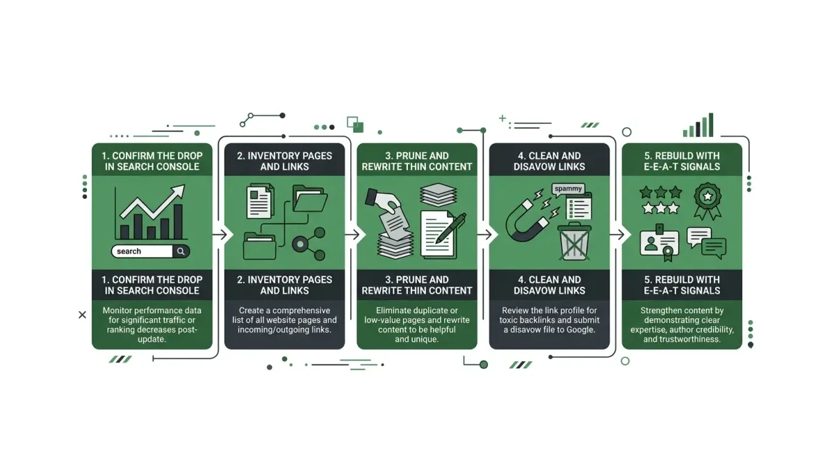 Infographic: five-step spam-update recovery flow moving from confirm the drop, to inventory pages and links, to prune and rewrite thin content, to clean and disavow links, to rebuild with E-E-A-T signals