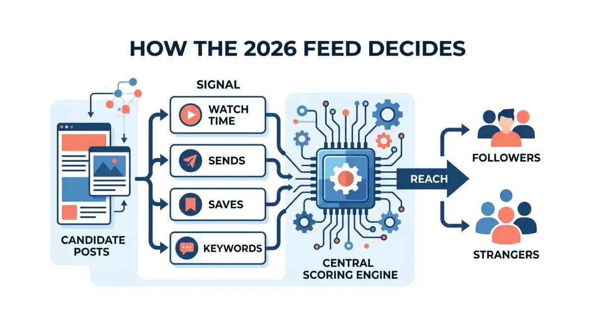 Infographic: Flow diagram showing how the 2026 feed ranks content, from candidate posts through watch time, sends, saves, and keyword signals to final reach.