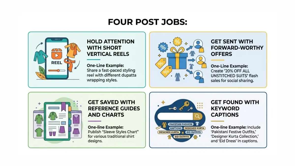 Infographic: Four post jobs grid showing hold attention with reels, get sent with offers, get saved with reference posts, and get found with keyword captions.