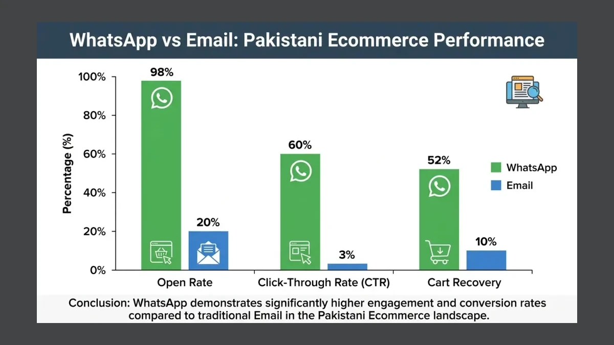 Infographic: WhatsApp vs Email performance metrics comparison showing open rates and CTR