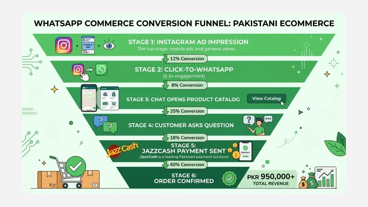 Infographic: WhatsApp conversion funnel from ad impression to completed order