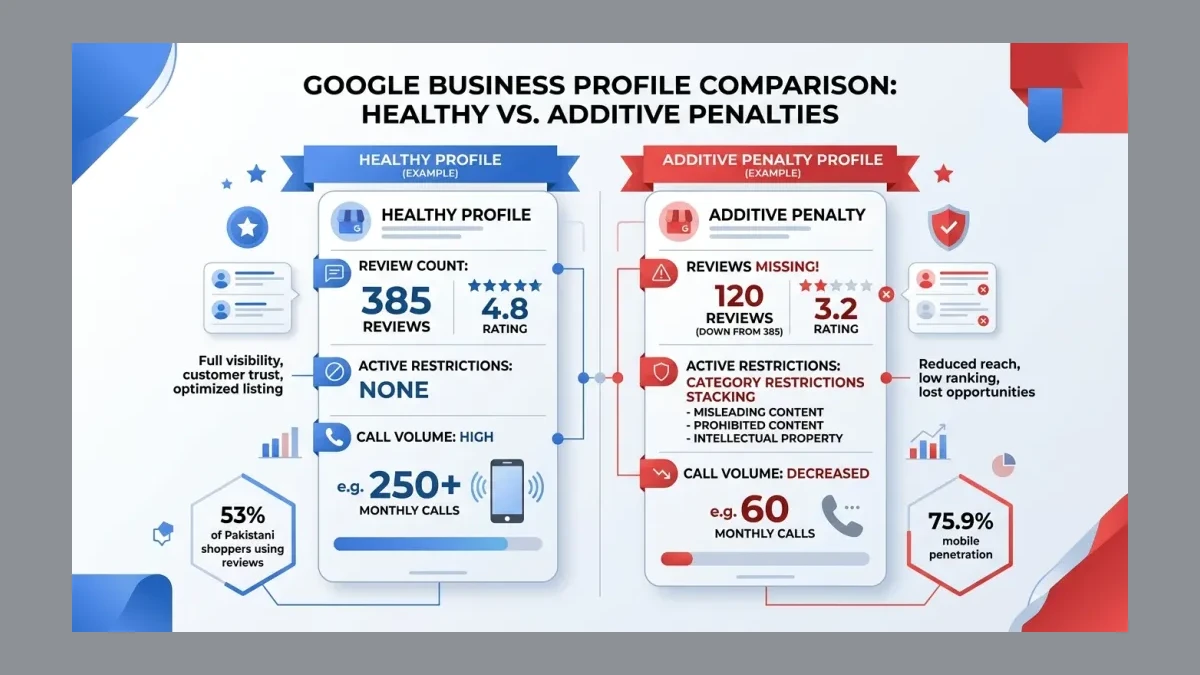 Infographic: Infographic comparing a healthy Google Business Profile against one hit by additive penalties, two stacked profile cards