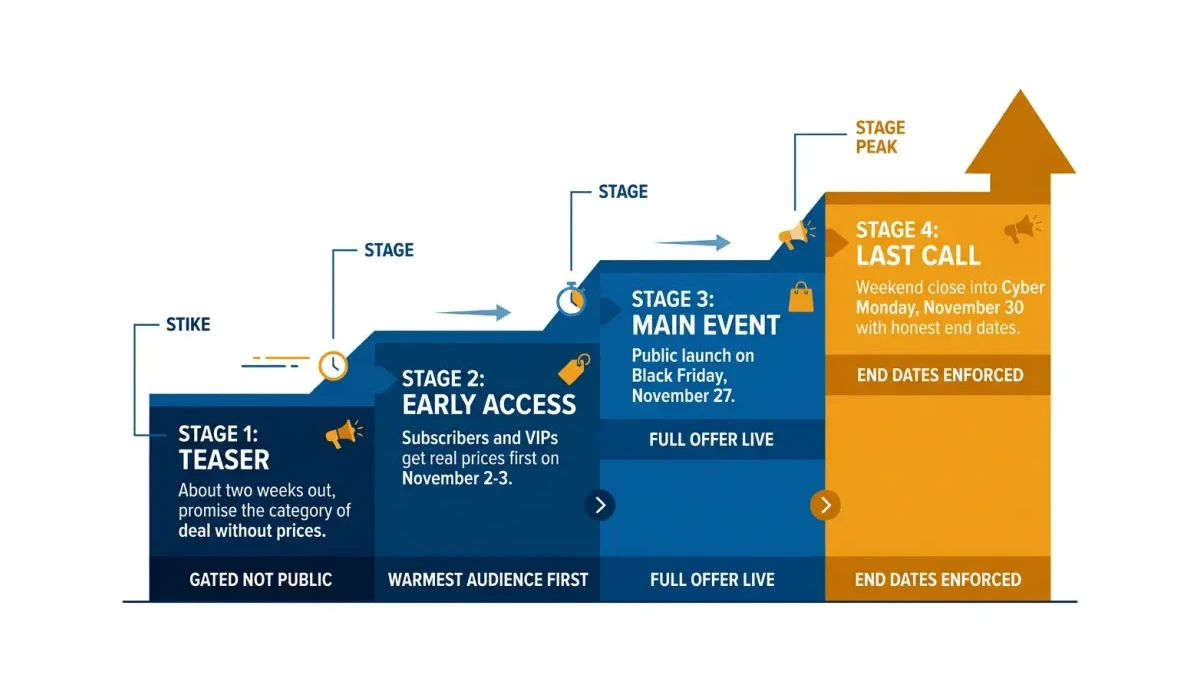Infographic: The four-stage sale arc from teaser through early access, main event, and last call across the November calendar.