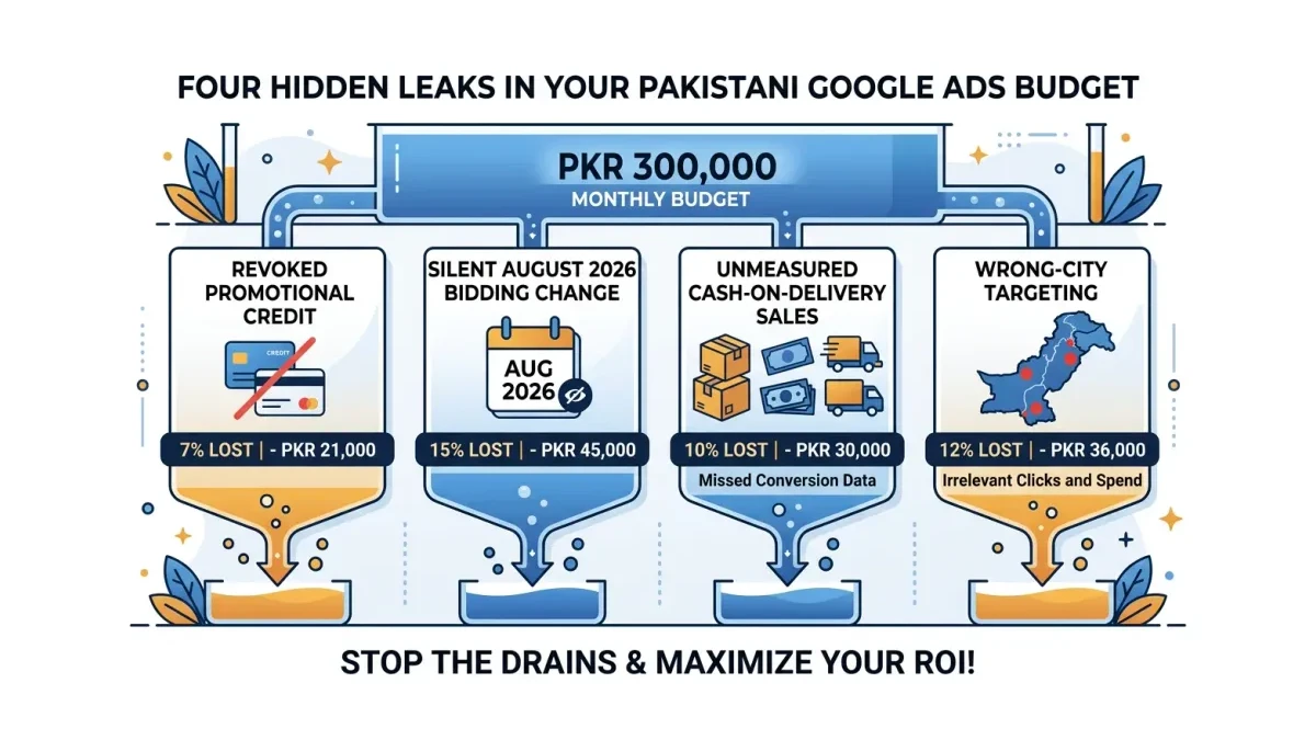Infographic: four hidden leaks in a Pakistani Google Ads budget with PKR impact labels