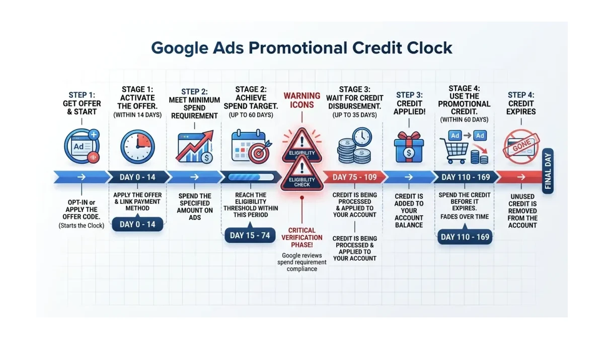 Infographic: the Google Ads promotional credit timeline from signup to expiry with day counts