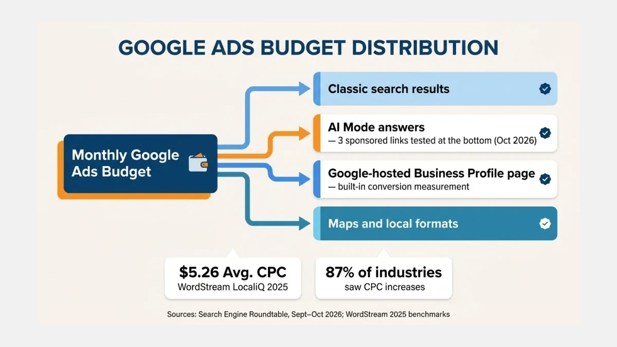 Infographic: A monthly Google Ads budget branching across four surfaces — classic search results, AI Mode answers with sponsored links at the bottom, a Google-hosted Business Profile landing page, and Maps and local formats.