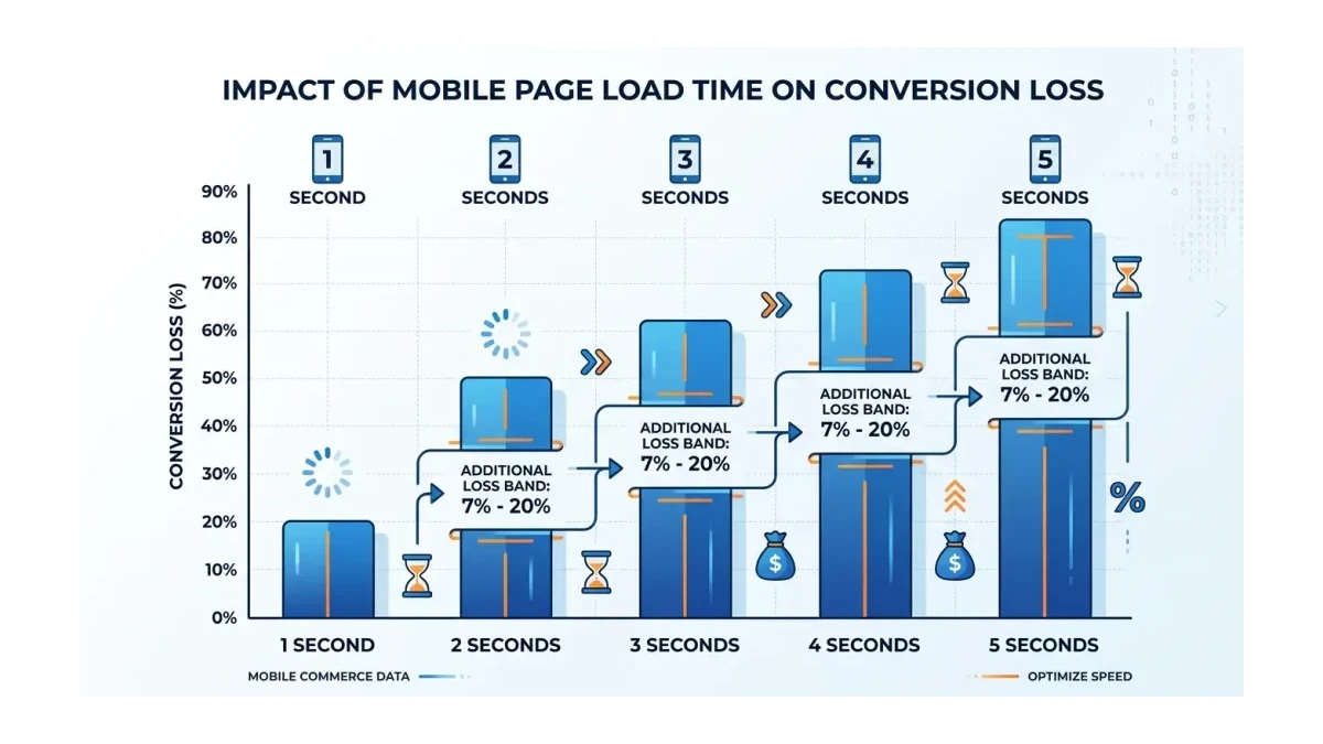 Infographic: Conversion loss climbs as mobile page load time increases from one to five seconds, showing the 7-20% loss band per added second.