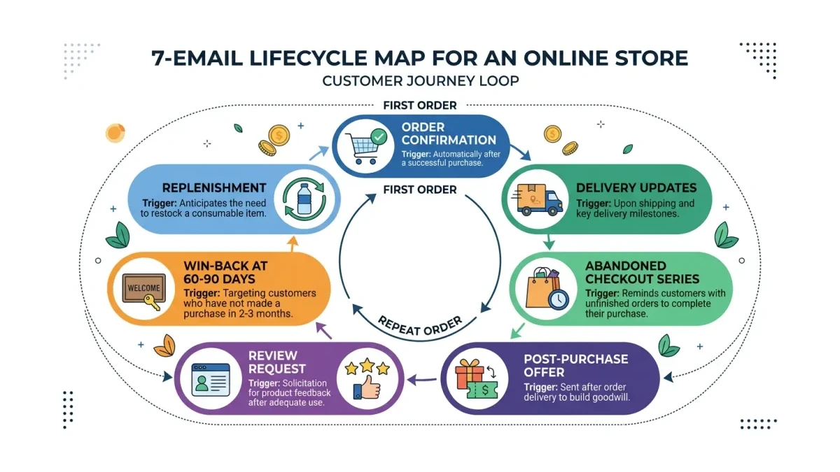 Infographic: seven-email lifecycle map for a Pakistani online store showing order confirmation, delivery updates, abandoned checkout series, post-purchase offer, review request, win-back, and replenishment emails connected in a customer journey loop.
