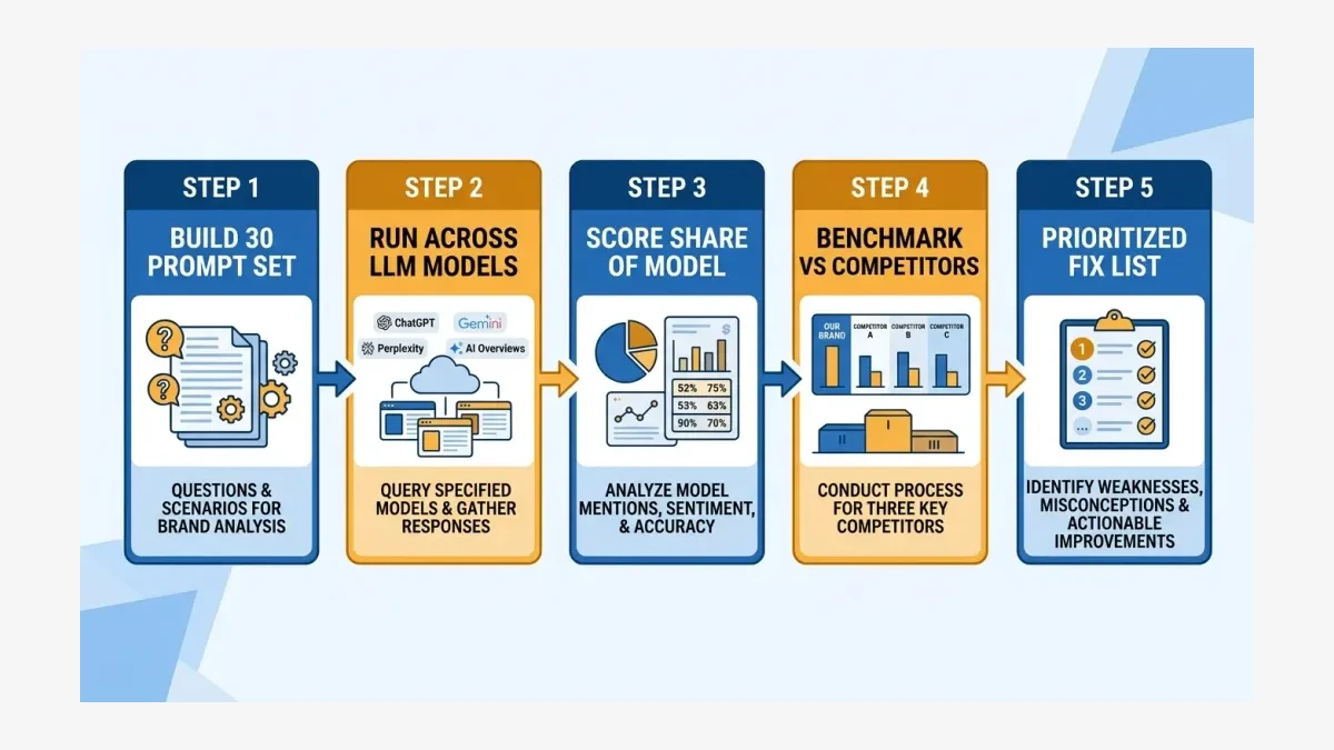 Infographic: the five-step LLM brand audit process from prompt set to share-of-model score