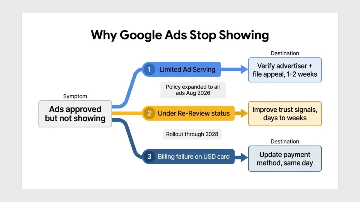 Infographic: diagnosis path for a Google Ads account that stopped showing ads, from silent symptom to verified fix