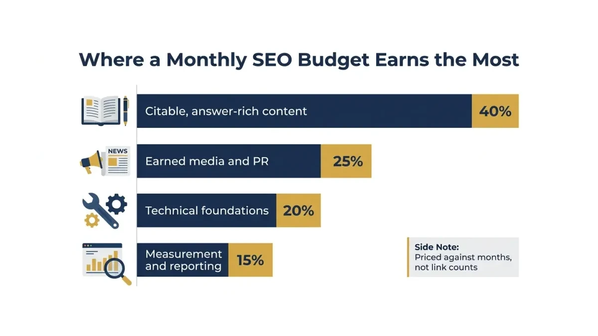 Infographic: Budget allocation bar infographic titled 'Where a Monthly SEO Budget Earns the Most'. Four horizontal bars with percentages for citable content, earned media, technical foundations, and measurement