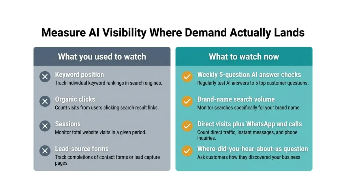 Infographic: Old search metrics compared with AI-era visibility metrics for Pakistani businesses