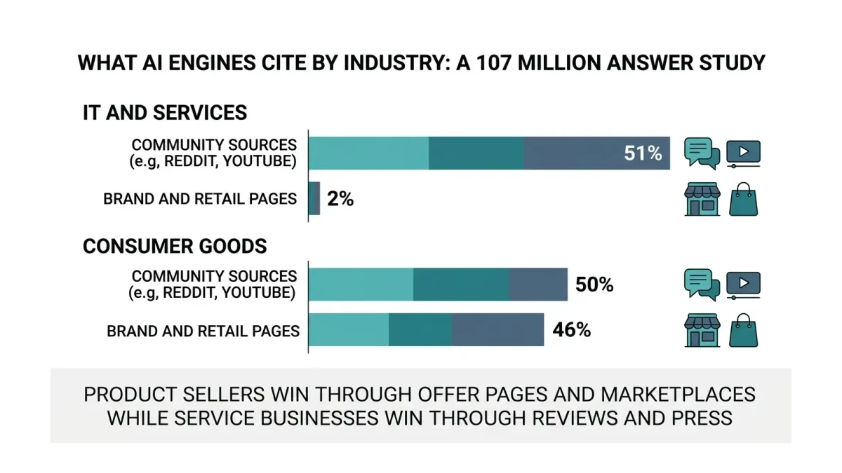 Infographic: What AI engines cite by industry, comparing community, brand, and editorial citation shares.