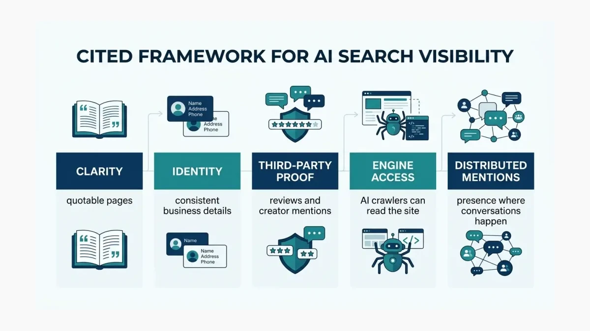 Infographic: The CITED framework with five blocks for Clarity, Identity, Third-party proof, Engine access, and Distributed mentions.