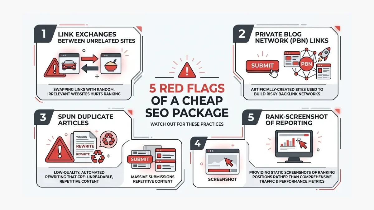 Infographic: Red flags checklist for a cheap SEO package showing link exchanges, spun articles, directory blasts, exact-match anchor text, and rank-screenshot reporting.