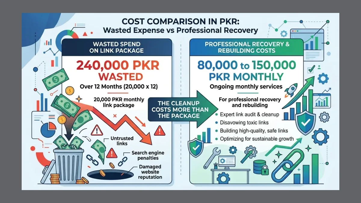 Infographic: Cost comparison showing PKR 240,000 spent on a cheap link package over 12 months versus PKR 80,000 to 150,000 monthly for professional recovery and rebuilding.