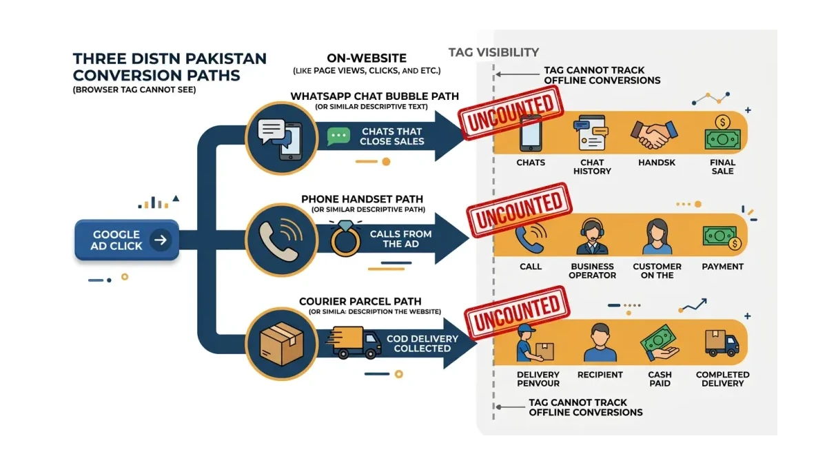 Infographic: three conversion paths Pakistani tags miss, from ad click to WhatsApp, phone and COD delivery