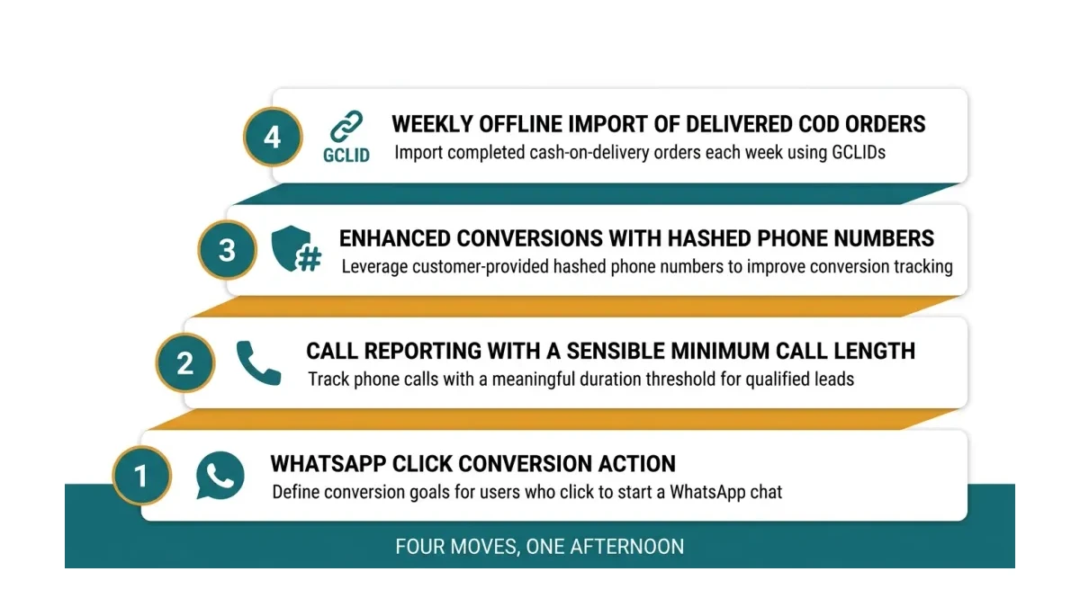 Infographic: four-move fix stack covering WhatsApp clicks, call reporting, enhanced conversions and weekly COD imports