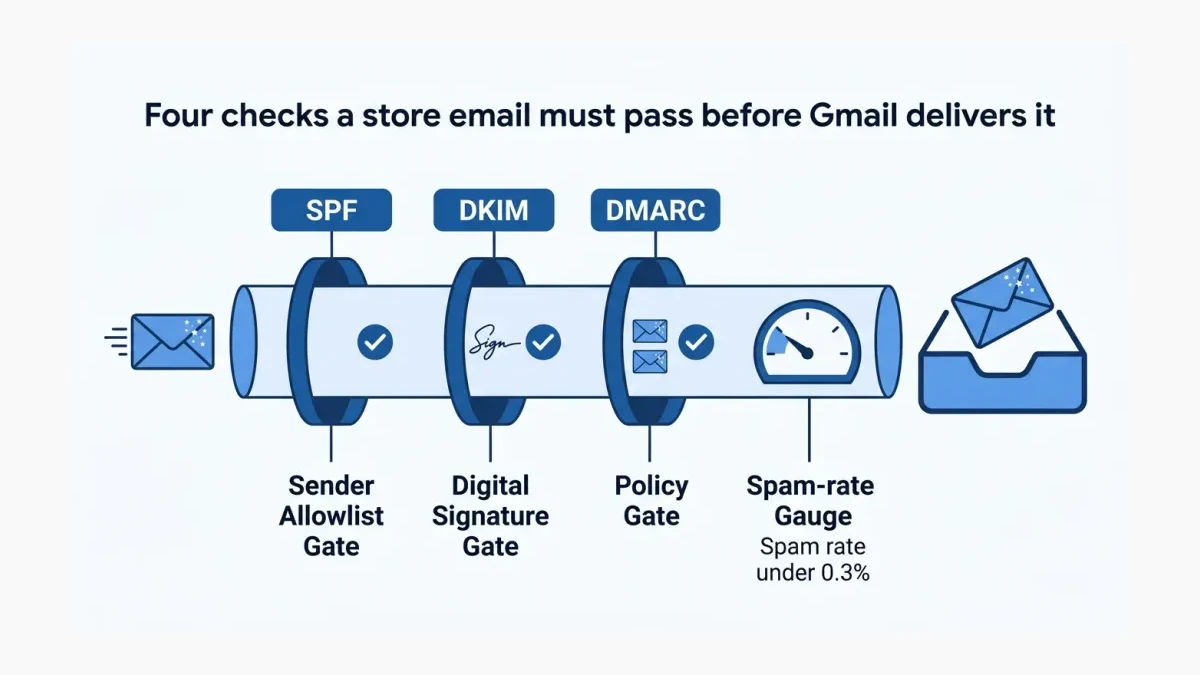 This infographic shows the four checks a store email must pass — SPF, DKIM, DMARC, and a low spam rate — before Gmail delivers it to the inbox.