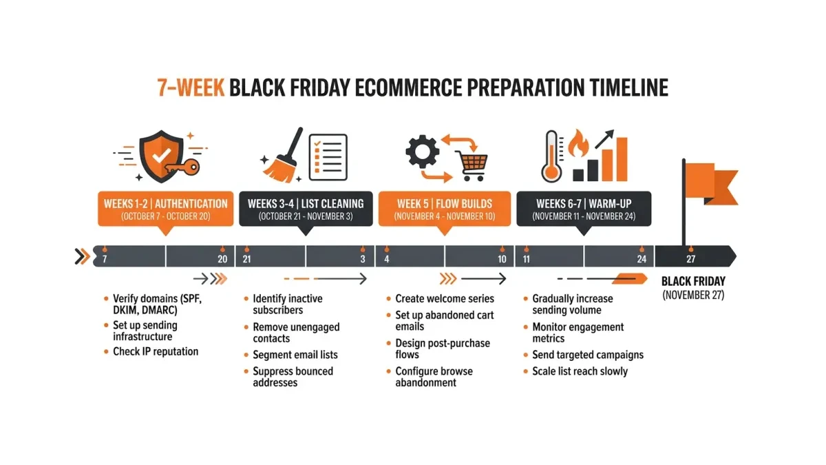 This infographic shows a seven-week timeline from October 7 to Black Friday on November 27, with authentication, list cleaning, flow builds, and warm-up phases marked.