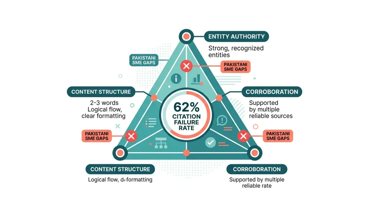 Infographic: Infographic showing the three AI citation signals as a triangle: Entity Authority (top), Content Structure (left), Corro