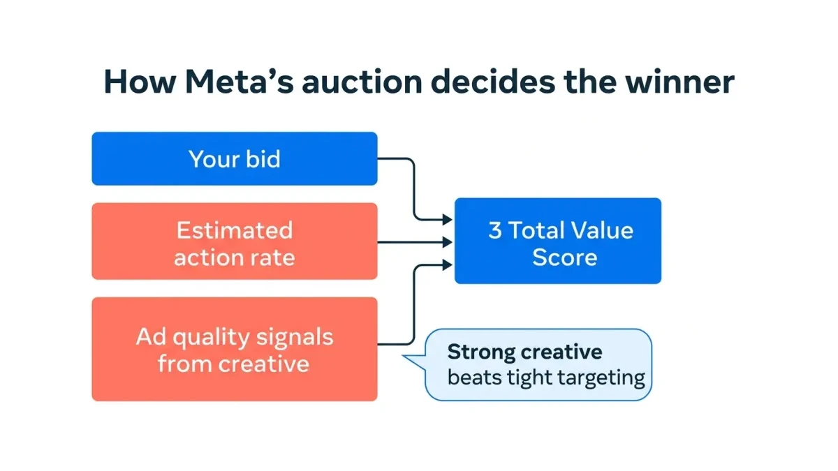 Infographic: The three inputs of Meta's total value auction score and how creative quality outweighs bid size