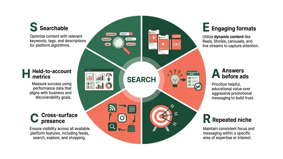 Infographic: The SEARCH framework for social media discoverability in Pakistan.