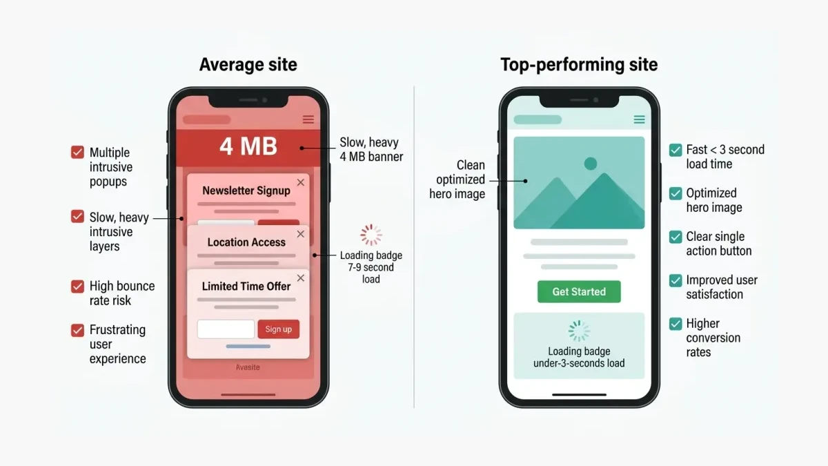 Infographic: A before and after comparison of a cluttered mobile page with three popups and a heavy banner against a clean page with one button and a compressed image.