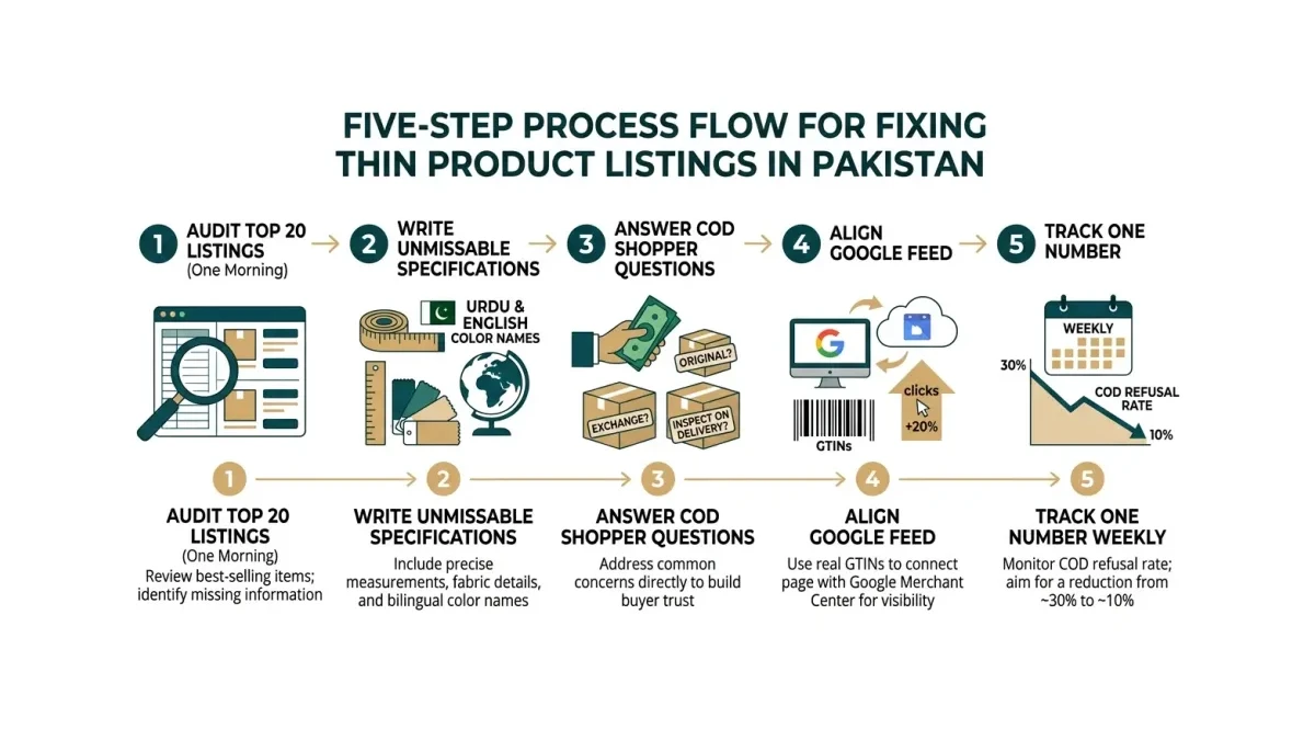 Infographic: Five steps from thin listings to fewer returned parcels in Pakistani ecommerce.