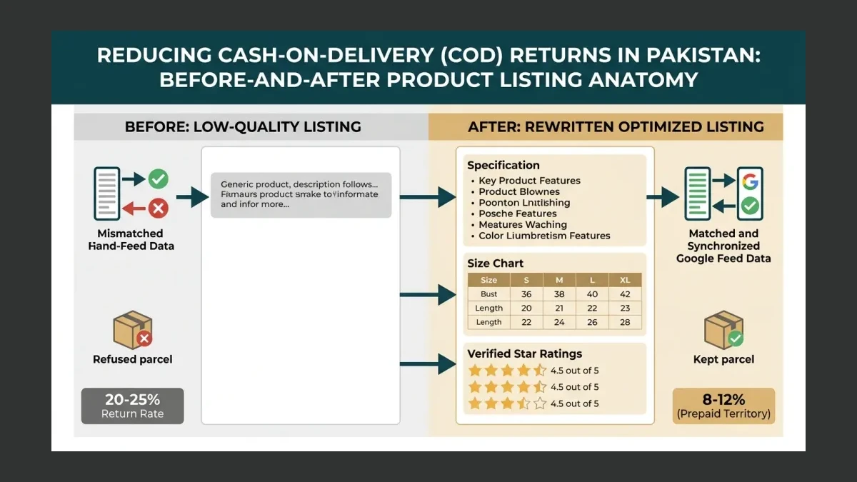 Infographic: Anatomy of a product listing that reduces cash on delivery returns in Pakistan.