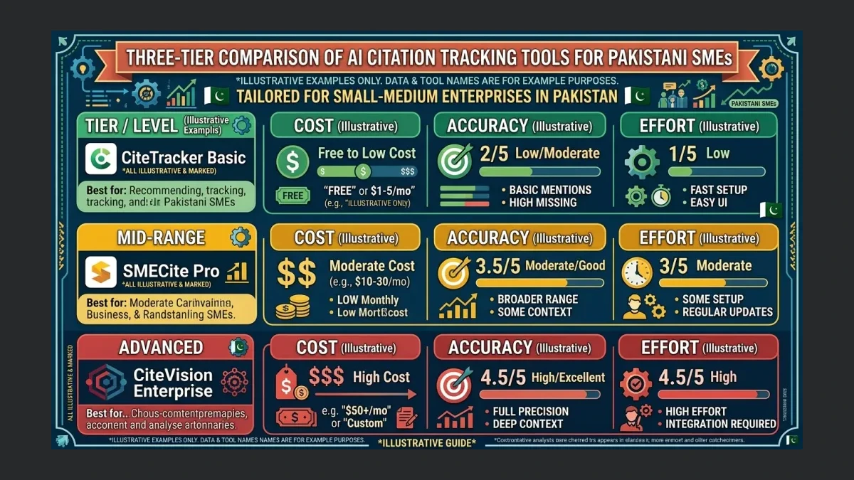 Infographic: Three-tier comparison of AI citation tracking tools by cost, accuracy, and effort for Pakistani SMEs