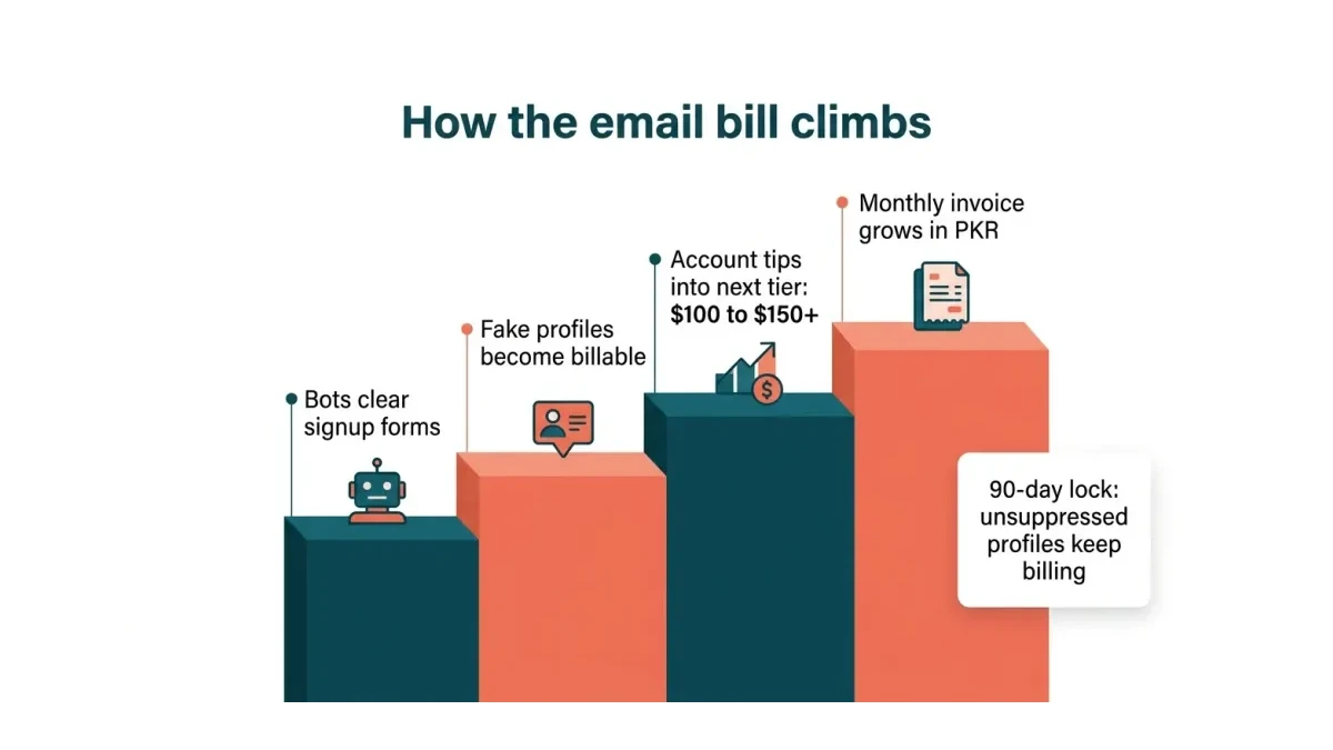 Step diagram of how an email bill climbs from bot signups to a higher profile tier and a larger monthly invoice.
